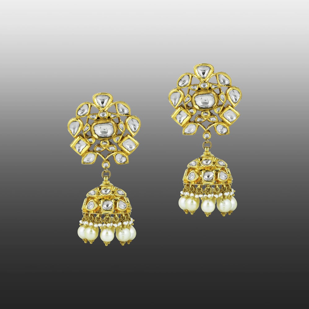 Polki Jhumka Earrings with Floral Design and Pearl Drops